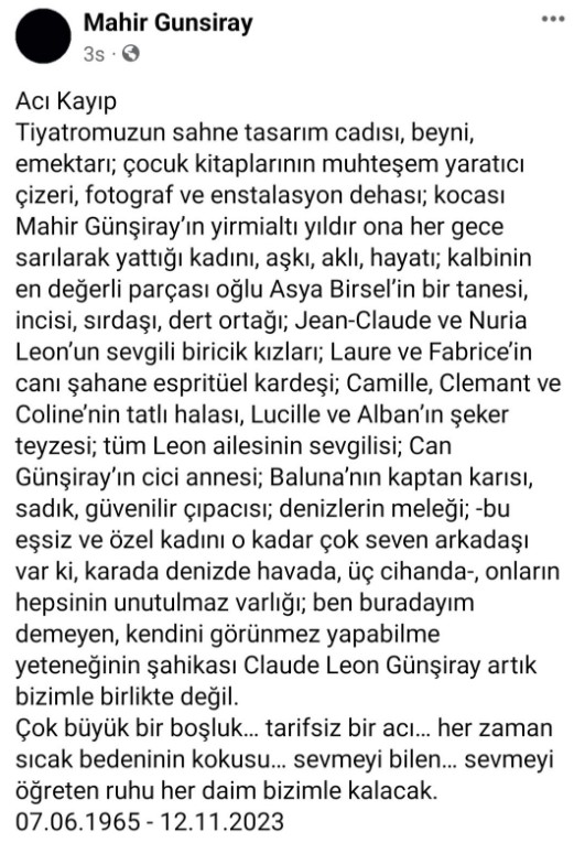 Usta oyuncu Mahir Günşiray'ın eşi Claude Leon Günşiray hayatını kaybetti