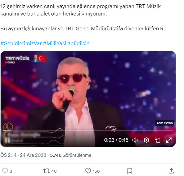 12 şehidimizin olduğu gün şarkılı, türkülü eğlence programına devam eden TRT'ye tepkiler çığ gibi