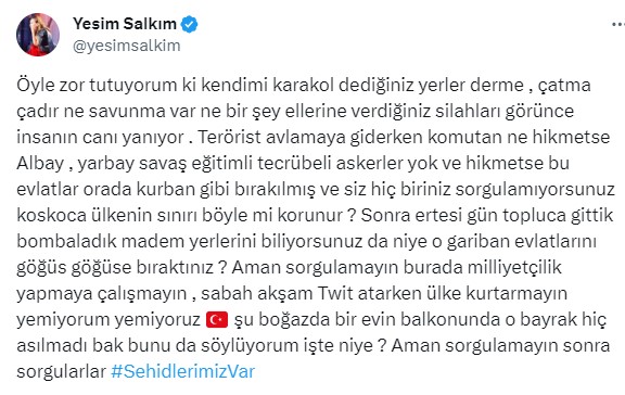 Yeşim Salkım, şehitlerimizle ilgili yaptığı paylaşımı eleştiren takipçisine küfretti