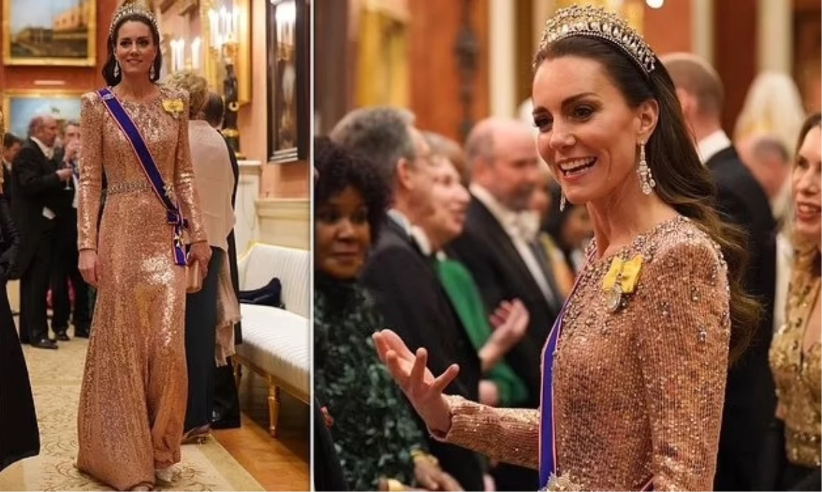 Kate Middleton altın elbise ve pırlantalarla göz kamaştırdı
