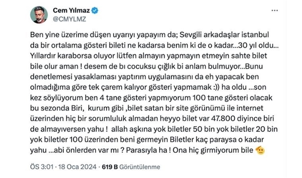 Cem Yılmaz'ın yeni gösterisi CMXXIV'in biletleri karaborsada yüksek fiyatlara satılıyor