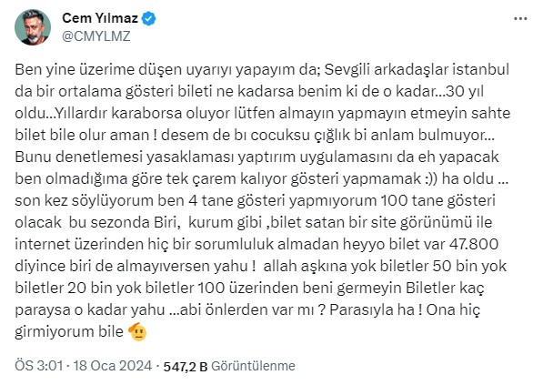 Gösteri biletleri karaborsaya düşen Cem Yılmaz isyan etti: Beni germeyin