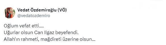 Ünlü yazar Vedat Özdemiroğlu'nun 26 yaşındaki oğlu yaşamını yitirdi