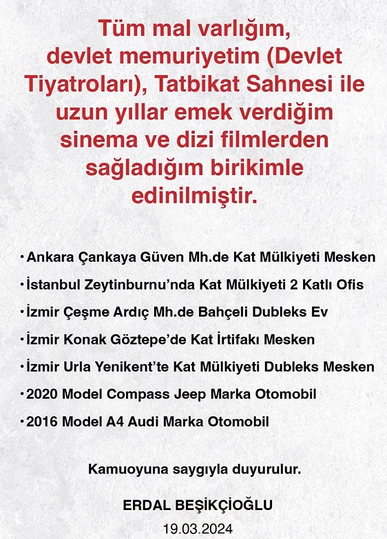 Erdal Beşikçioğlu, mal varlığını açıkladı